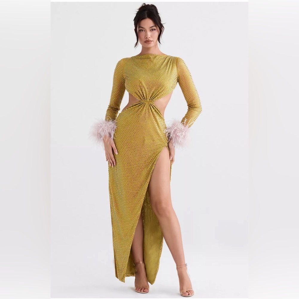 HOUSE OF CB 'Gina' Chartreuse Crystallised Maxi Dress /Size L-US 8-10